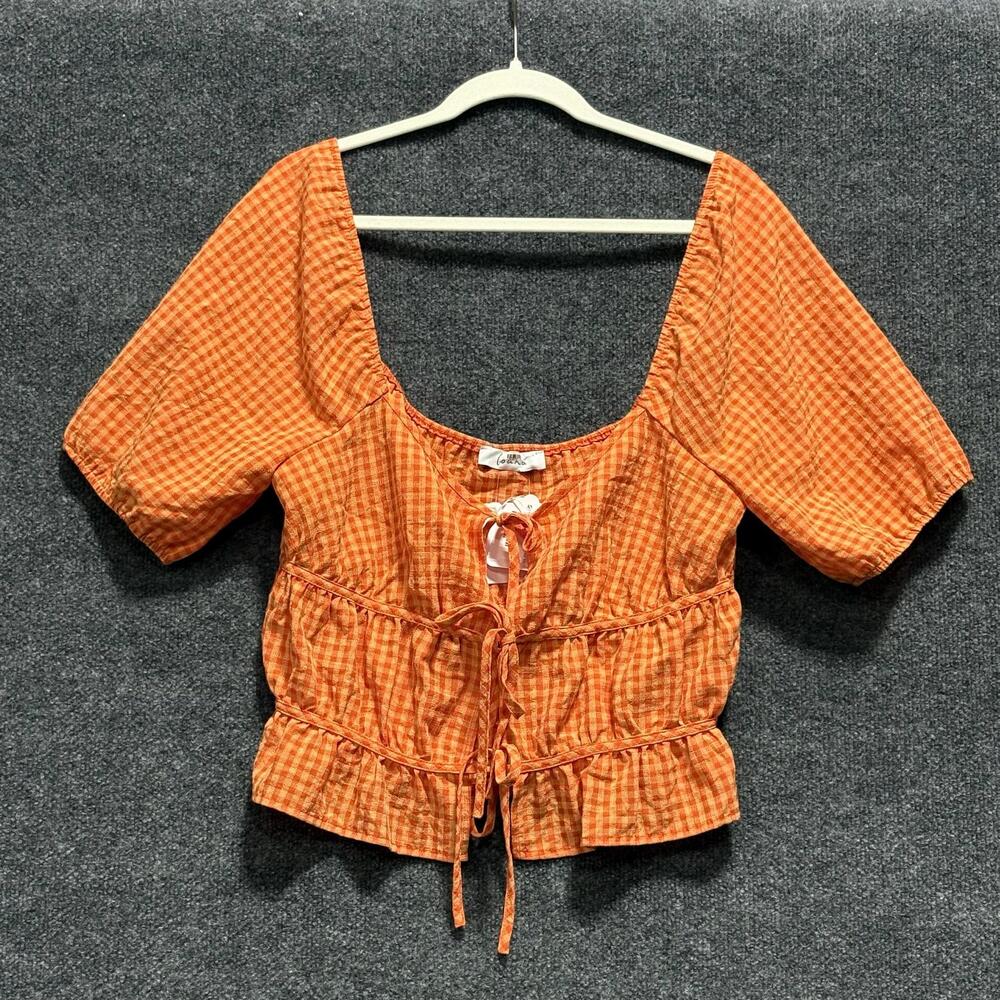 Louna Blouse Womens Medium Orange Check Square Neck Puff Sleeve Cropped Top